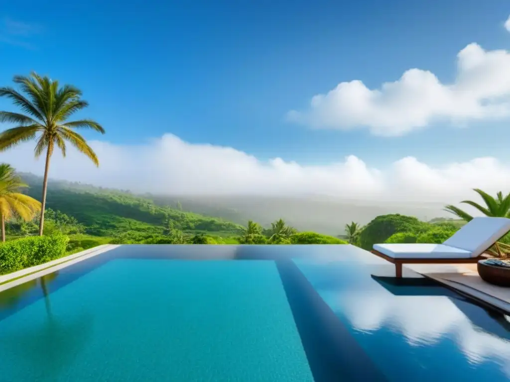 Un oasis de bienestar y lujo: piscina infinita en un spa rodeada de palmeras, reflejando el cielo azul