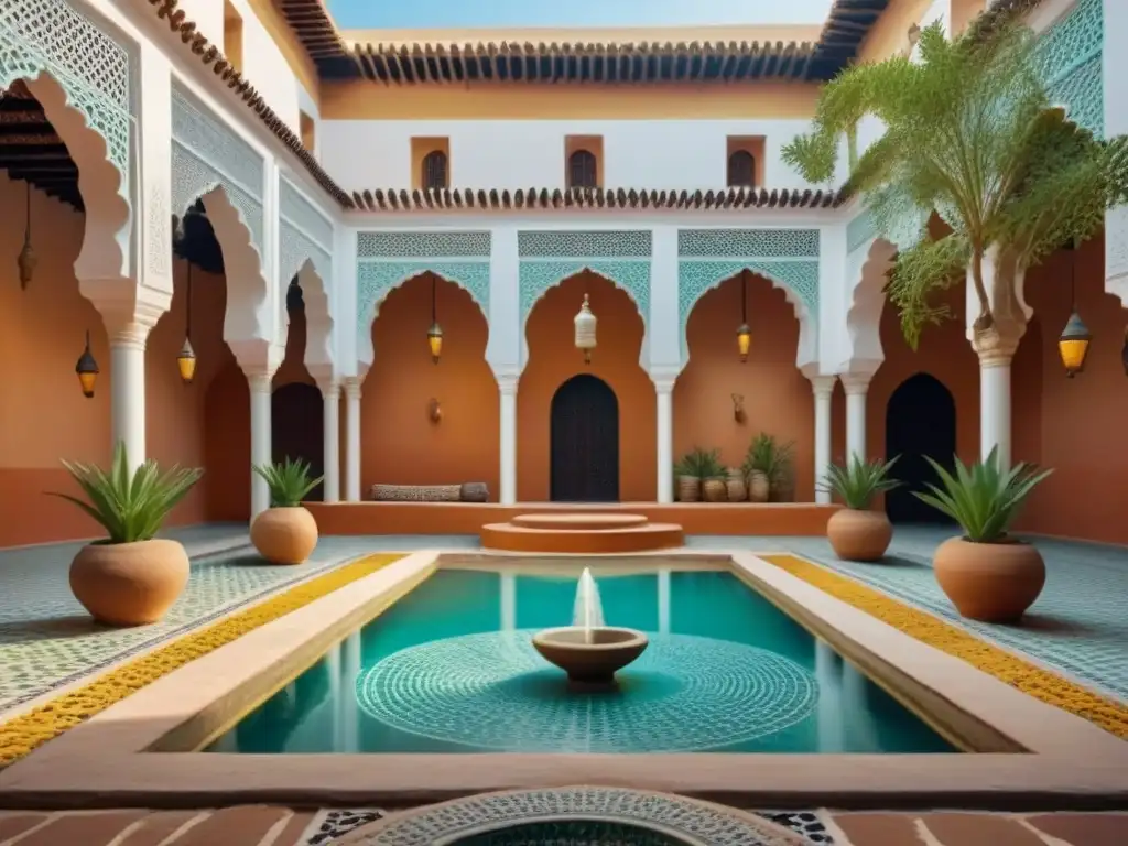 Un oasis de calma en un riad marroquí, con mosaicos, vegetación exuberante y una fuente serena