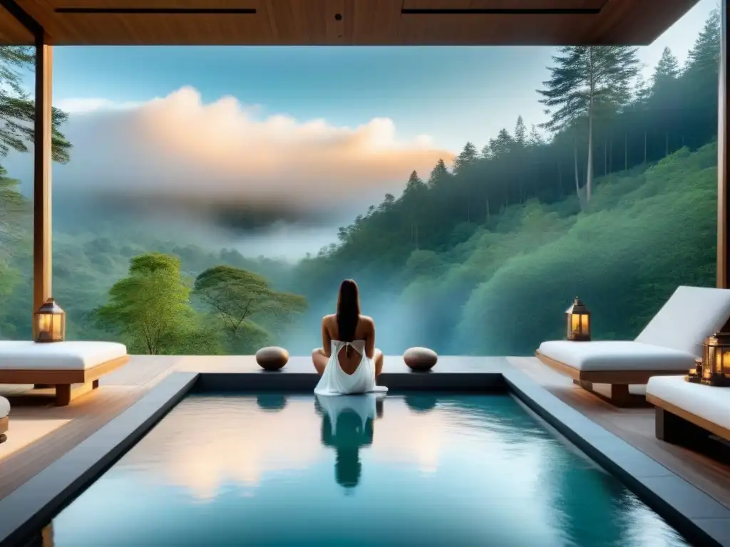 Un oasis de lujo y bienestar espiritual en un bosque tranquilo, con arquitectura minimalista y vistas impresionantes de la naturaleza