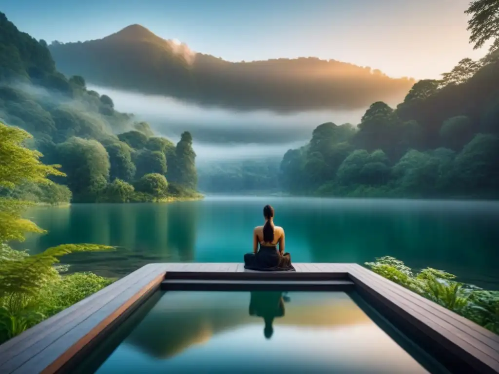 Un oasis de lujo espiritual en un bosque verde, con un lago cristalino reflejando el atardecer dorado