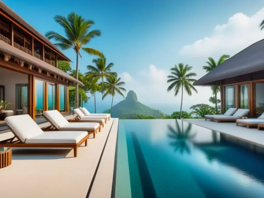 Paraíso tropical: lujo y tranquilidad en resort de ensueño Un oasis de lujo entre exuberante vegetación tropical con una piscina infinita cristalina reflejando el cielo azul