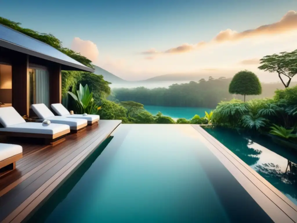 Retiro de spa minimalista en la naturaleza: lujo y serenidad Un oasis de lujo y paz en un spa rodeado de exuberante vegetación, con una piscina infinita cristalina y elegantes tumbonas blancas