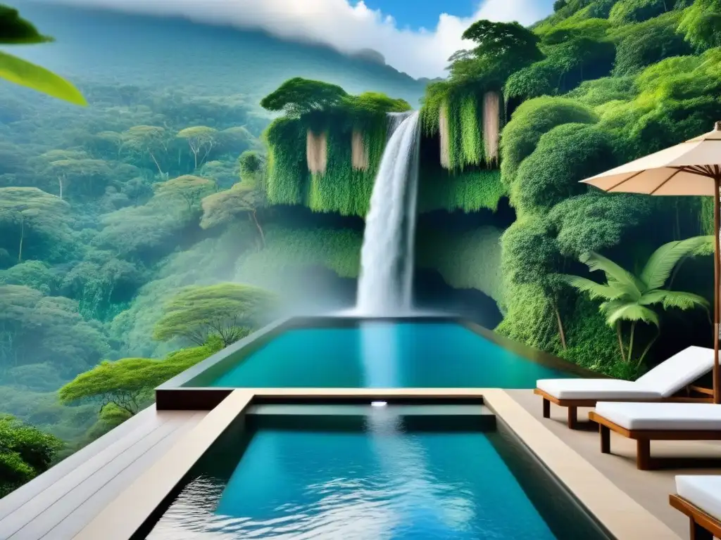 Retiro de lujo en spa: oasis sereno en la selva tropical Un oasis de lujo en la selva: spa exclusivo con piscina infinita y vistas a la montaña