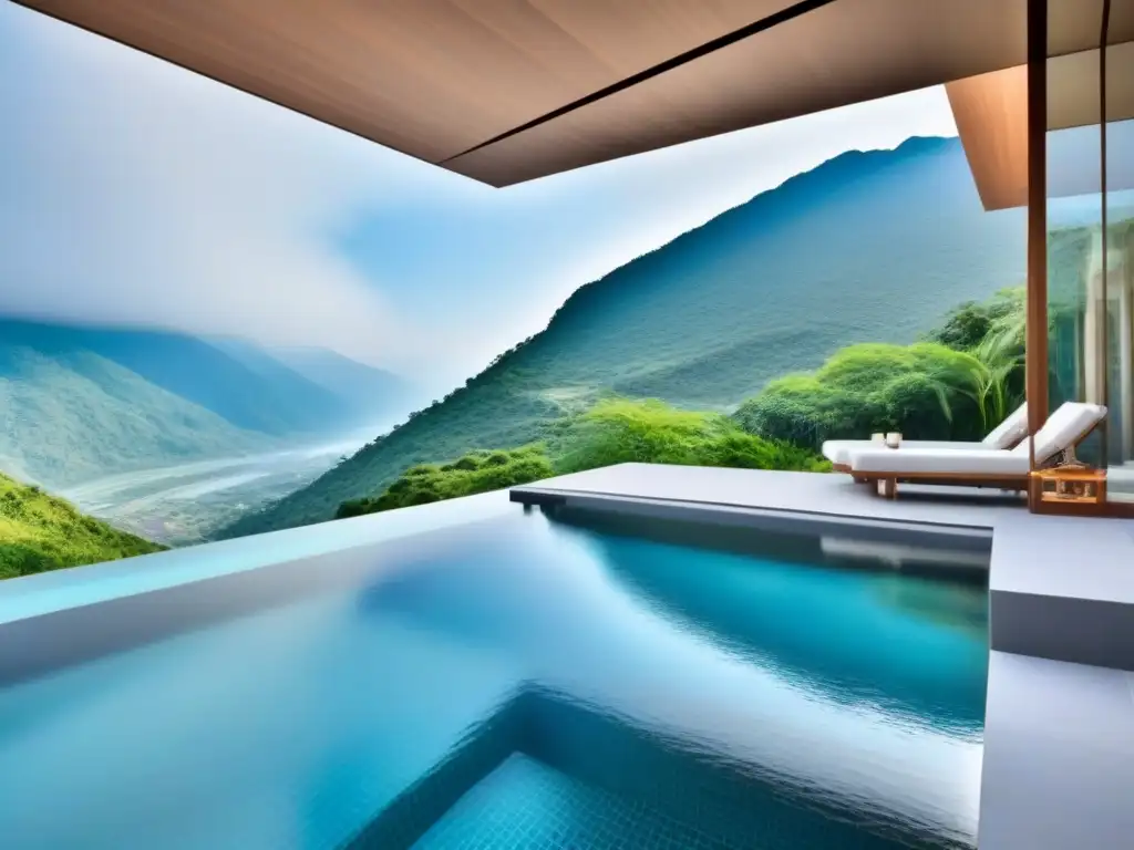 Un oasis de lujo y serenidad en el mejor spa: piscina infinita con vistas a la montaña y diseño minimalista