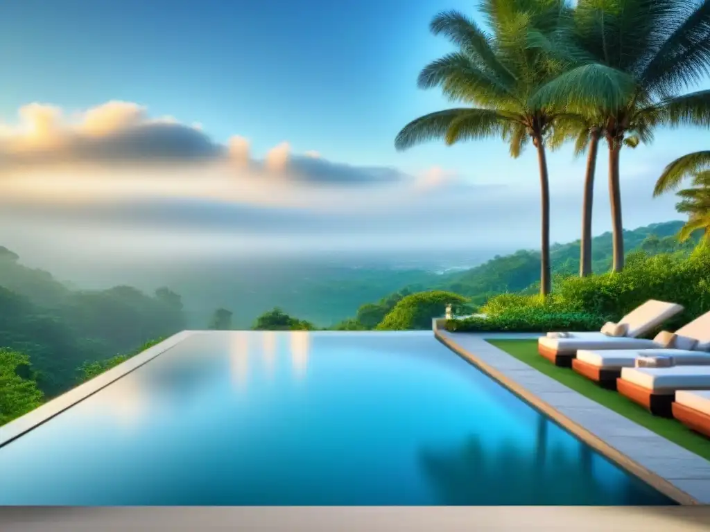 Spa de lujo con piscina infinita cristalina en paisaje exuberante Un oasis de lujo en un spa secreto de longevidad con piscina infinita y paisaje exuberante, rodeado de tumbonas minimalistas y sombrillas