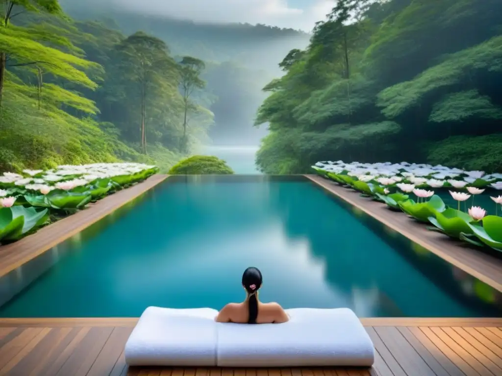 Un oasis de lujo y tranquilidad en un spa rodeado de naturaleza, con piscina infinita y lotos flotando