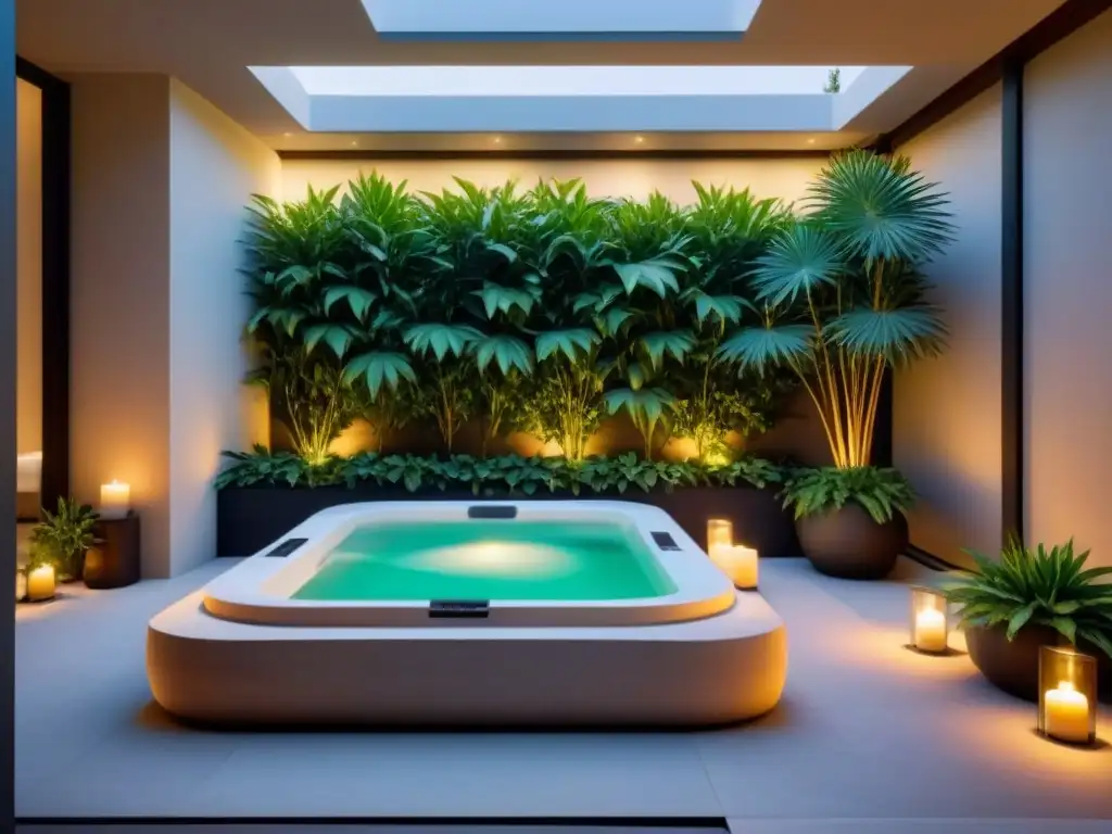 Un oasis de paz en un spa minimalista con una elegante bañera de mármol rodeada de vegetación, iluminada por cálidas velas