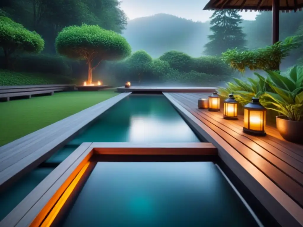 Un oasis de relajación en un spa de lujo experiencias culturales, con aguas termales, vegetación exuberante y sauna de madera, iluminado por velas