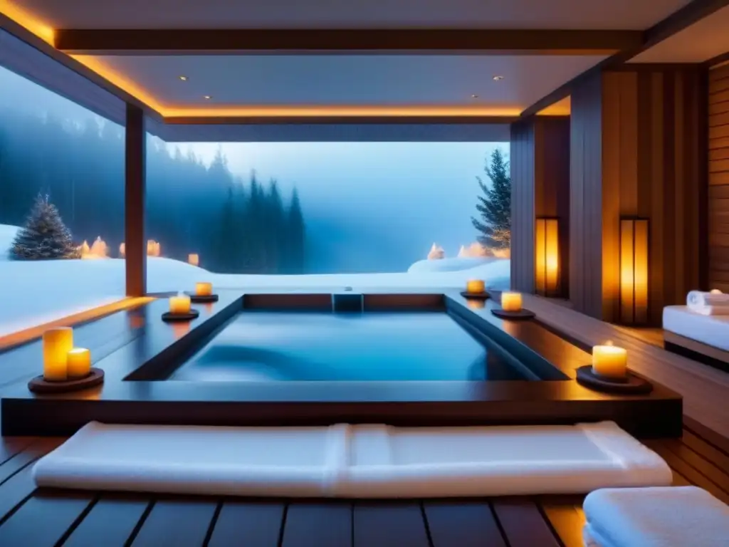 Un oasis de serenidad en un spa de lujo invierno, con detalles elegantes y ambiente cálido