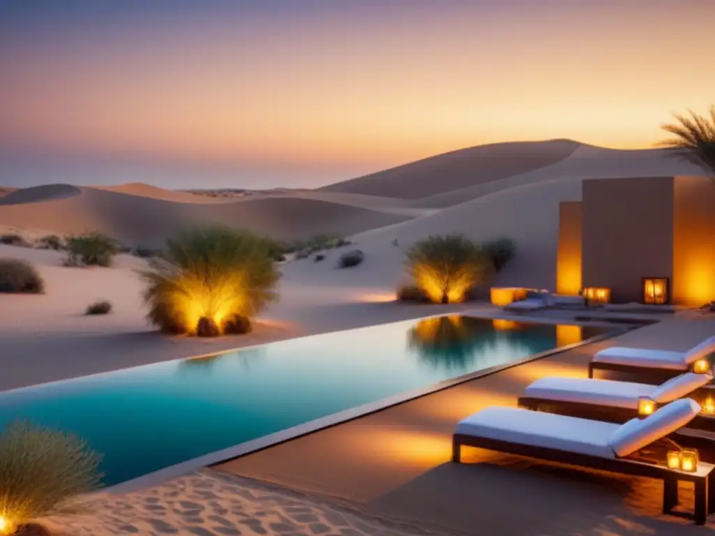 Un oasis de spa innovador en el desierto al atardecer, reflejando lujo y relajación en tratamientos de spa innovadores mundo