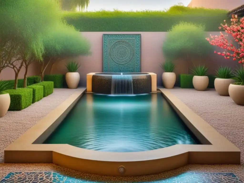 Un oasis de spa sereno con elementos de varias culturas: árboles de cerezo japonés, azulejos marroquíes, mandalas indias y patrones tribales africanos