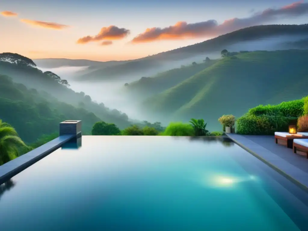Un oasis de tranquilidad y lujo en un retiro de bienestar espiritual, con piscina infinita y vista al valle al atardecer