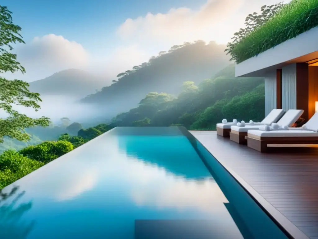 Un oasis de tranquilidad y lujo en un spa rodeado de vegetación exuberante, con una piscina infinita y cielo azul vibrante