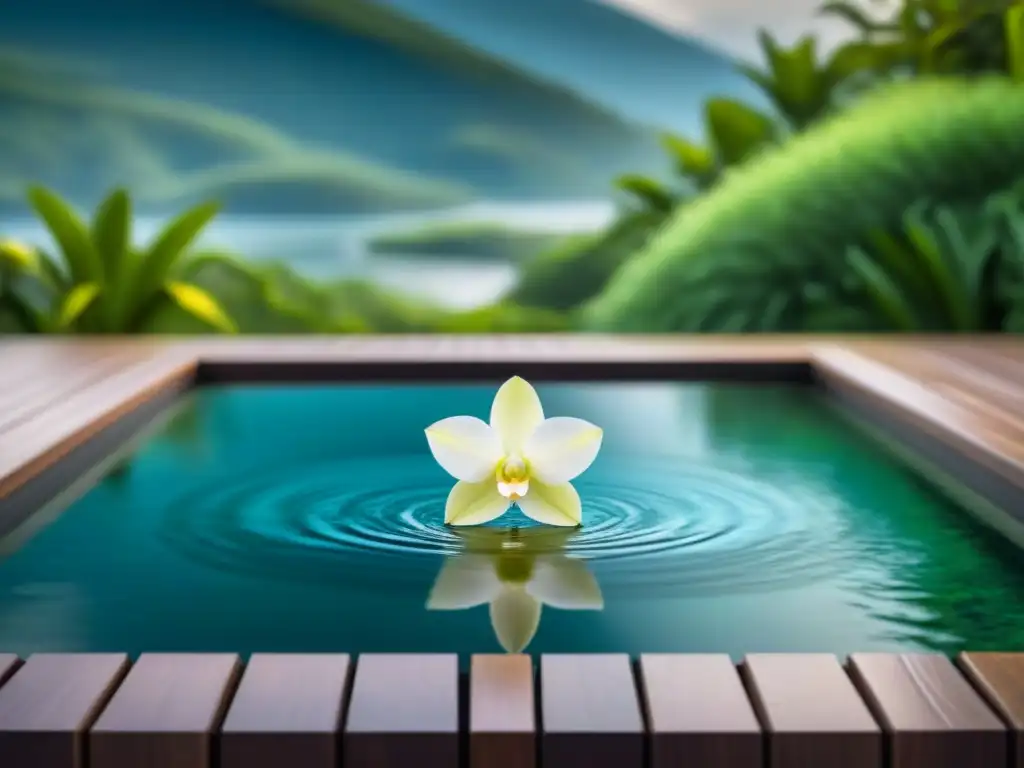 Un oasis de tranquilidad en un lujoso spa con una orquídea blanca flotando en la piscina