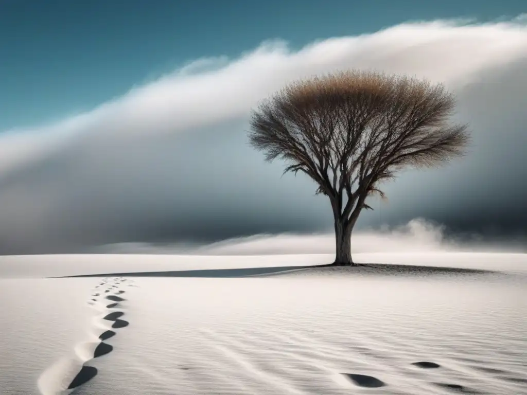 Obra de arte para viajeros: Paisaje sereno con un árbol solitario proyectando sombra en un vasto desierto bajo un cielo tranquilo y nuboso