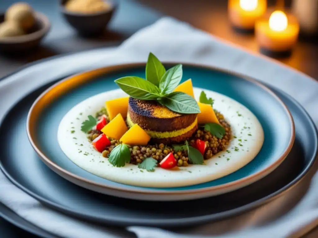 Plato gourmet mexicano: fusión de sabores y colores Una obra culinaria de fusión creativa tradicional: plato con colores vibrantes y delicadas guarniciones en un fondo blanco