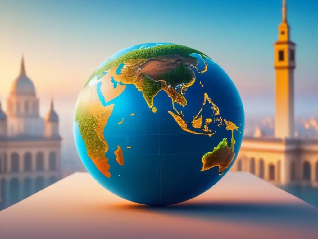 Arte digital minimalista: colección global fusiona cultura y tecnología Una obra digital minimalista que fusiona un globo terráqueo con circuitos y píxeles, rodeado de emblemáticos monumentos del mundo