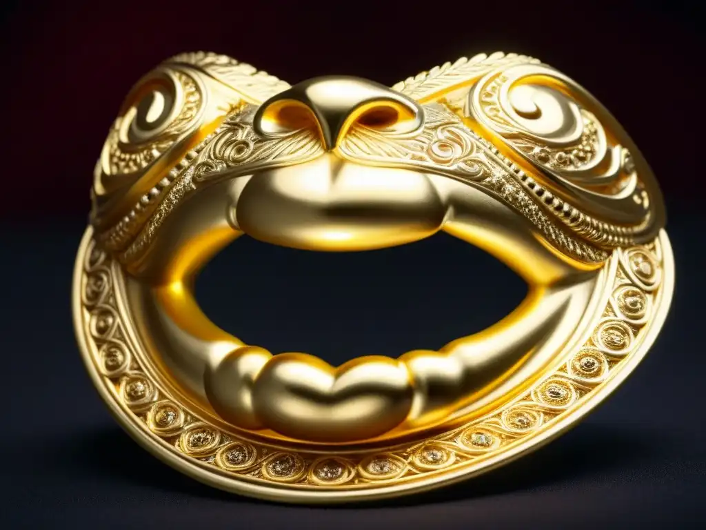 Ornamento nasal Moche de oro, con filigrana y motivos animales, brilla en luz suave sobre terciopelo oscuro