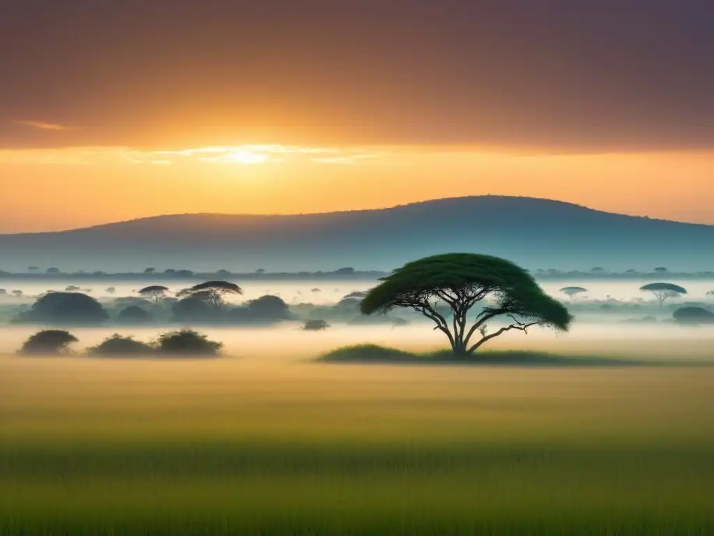 Puesta de sol africana: inmersión cultural Paisaje africano al atardecer con acacias y vida salvaje, perfecto para adaptarte a inmersión cultural África