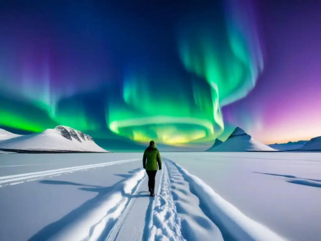 Un paisaje ártico tranquilo iluminado por la danza de la aurora boreal en tonos verdes, púrpuras y azules