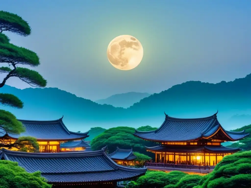 Paisaje asiático sereno con luna llena brillante iluminando arquitectura tradicional y vegetación exuberante