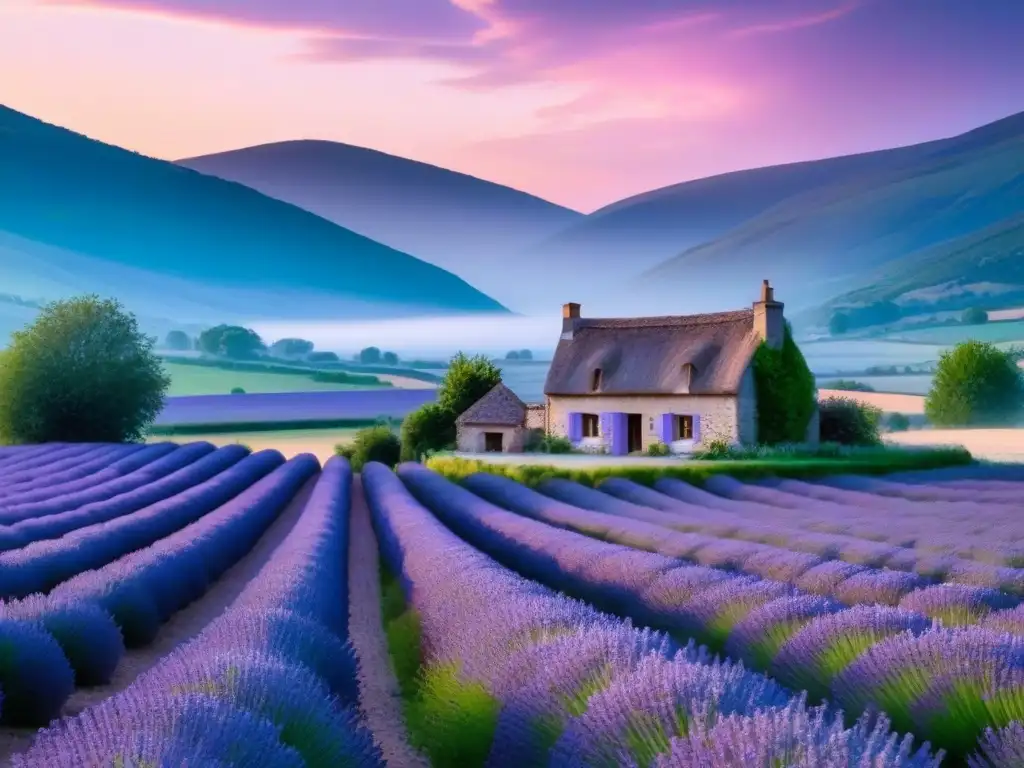 Paisaje campestre francés: cabaña de piedra en campos de lavanda al atardecer Paisaje campestre francés sereno al atardecer con lavanda en flor y cabaña de piedra humeante