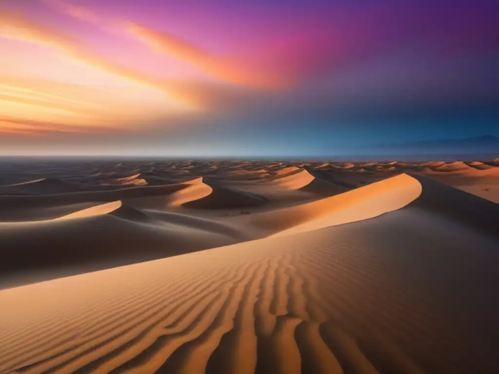 Un paisaje desértico sereno al atardecer en Medio Oriente con dunas iluminadas por el sol