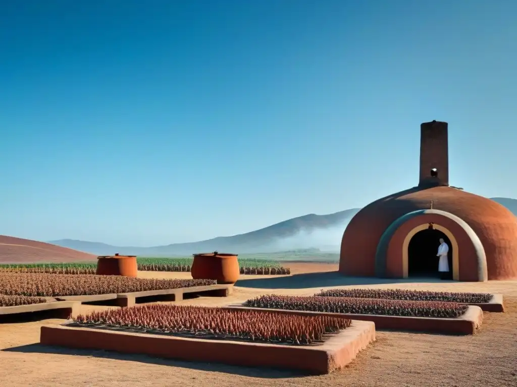 Un paisaje impresionante de una destilería tradicional mexicana con campos de agave bajo un cielo azul