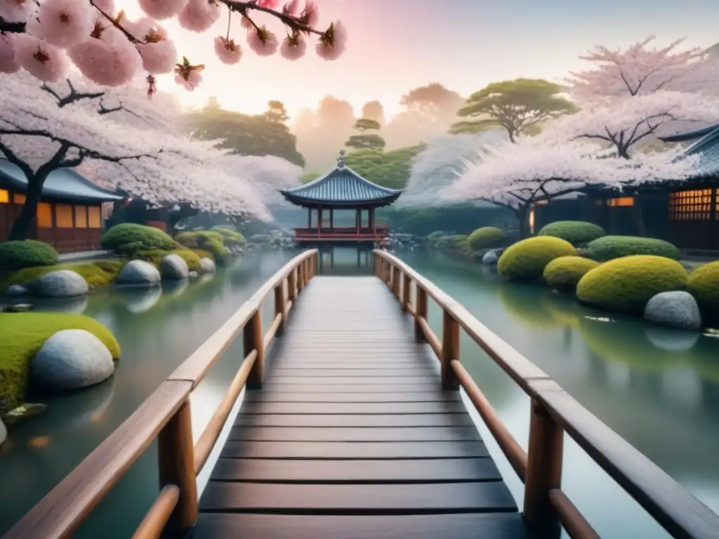 Paisaje zen japonés con puente de madera sobre estanque y árboles de cerezo en flor