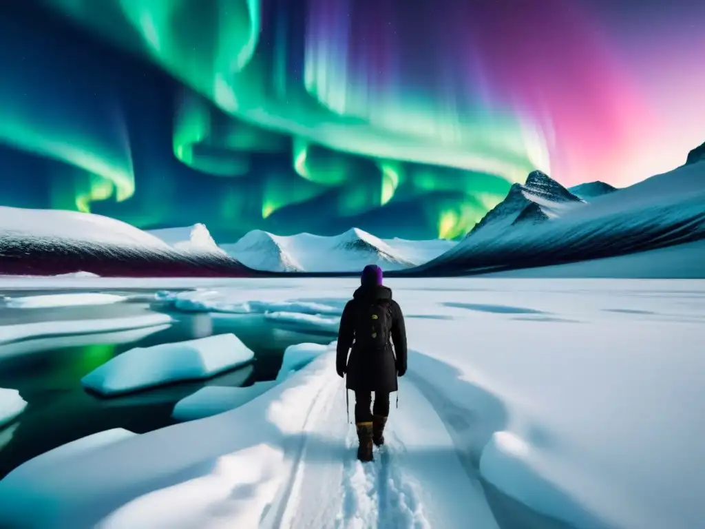 Un paisaje mágico de la Aurora Boreal iluminando el cielo ártico, ideal para retiros espirituales en el Ártico