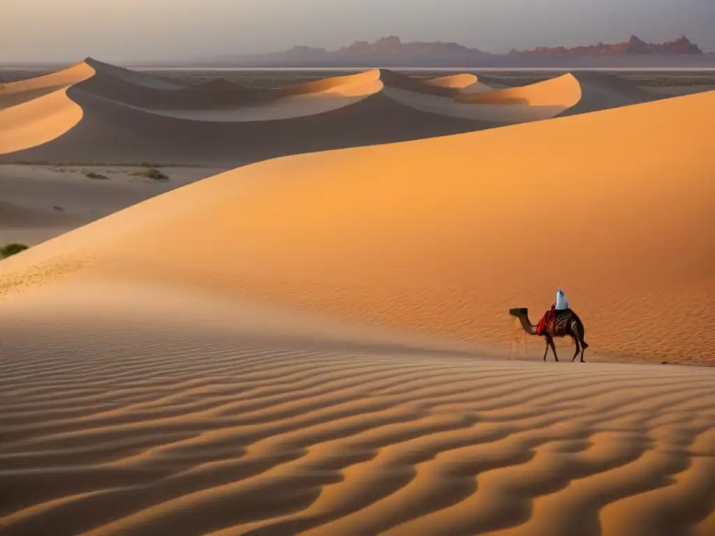 Paisaje desértico al atardecer: tranquilidad y serenidad Paisaje sereno del desierto al atardecer con camello pastando y tienda beduina en el horizonte