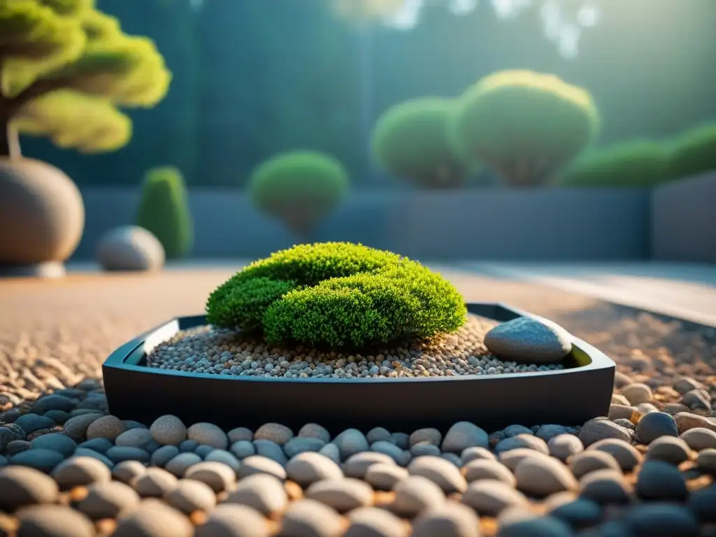 Paisaje sereno de jardín de rocas japonés minimalista, con árboles bonsái y sombras suaves