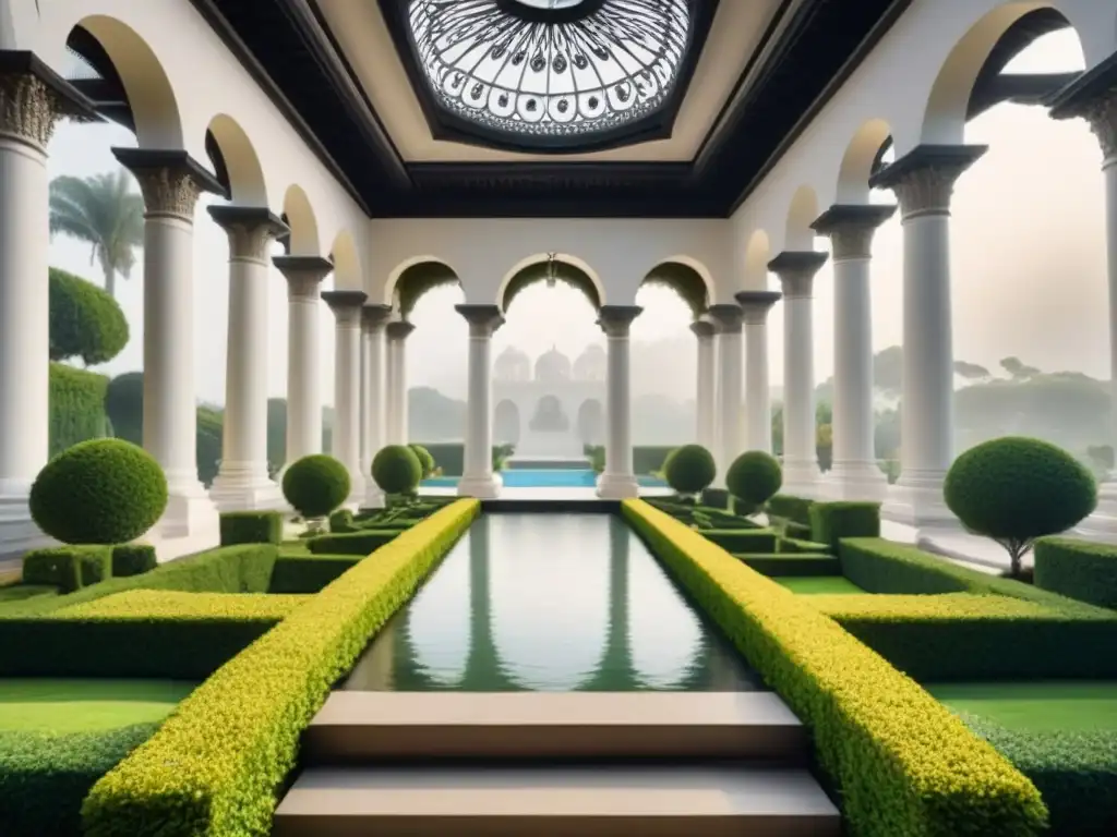 Palacio lujoso y exuberante: ilustración en blanco y negro Palacio lujoso rodeado de jardines exuberantes, con detalles arquitectónicos y columnas grandiosas