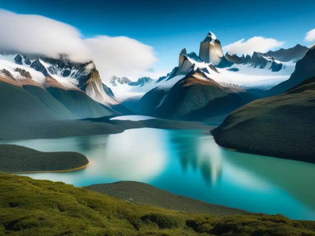 Panorama impresionante de la inmaculada Patagonia: montañas nevadas, lagos cristalinos y bosques verdes