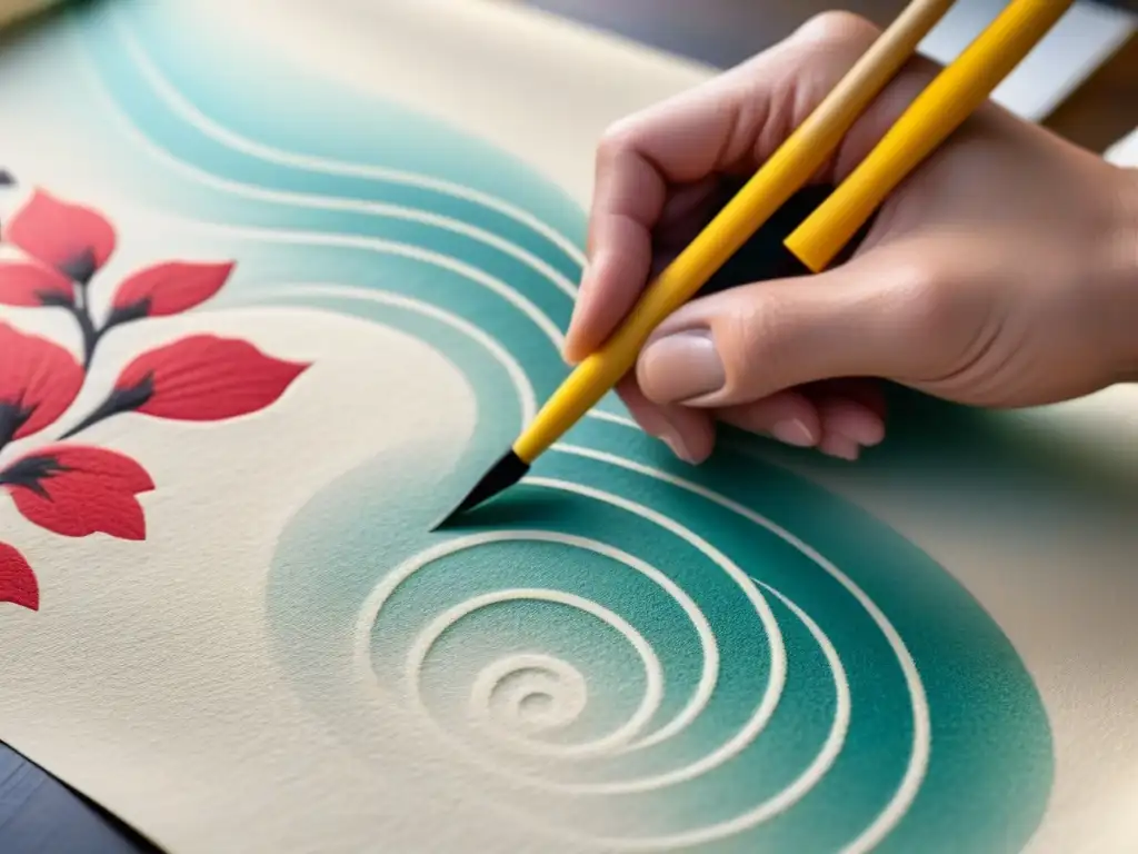 Arte ancestral: manos expertas crean patrones en washi japonés Elaboración papel washi japonés artesanal: Manos expertas crean intrincados diseños en washi, fusionando tradición y arte moderno