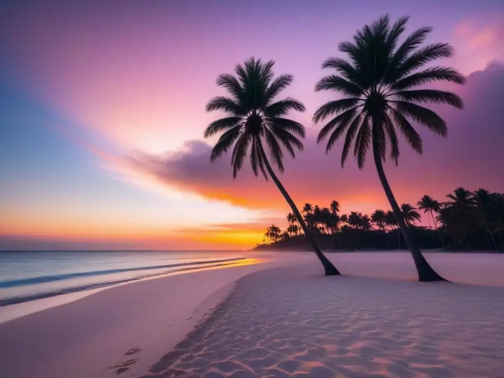 Un paraíso sereno al atardecer en una playa solitaria con palmeras, reflejando colores pastel en el agua