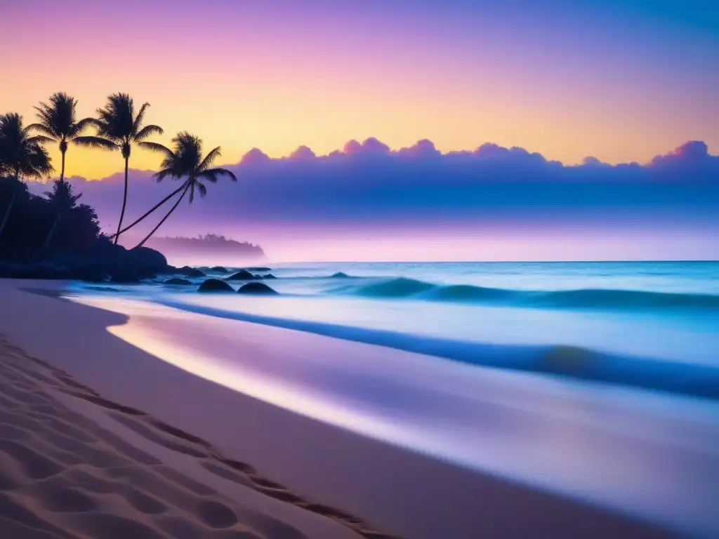 Un paraíso sereno en una playa al atardecer con aguas turquesas y palmeras, ideal para retiros culturales en destinos exóticos