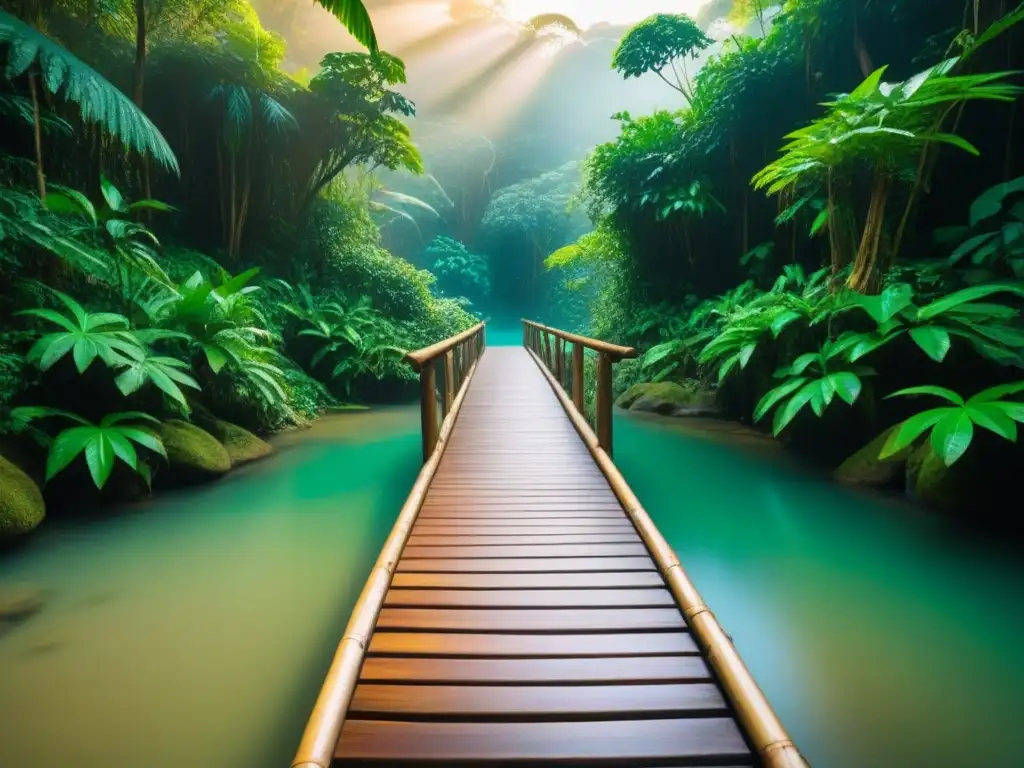 Un paraíso tropical exótico con cascada, vegetación exuberante y puente de madera sobre arroyo