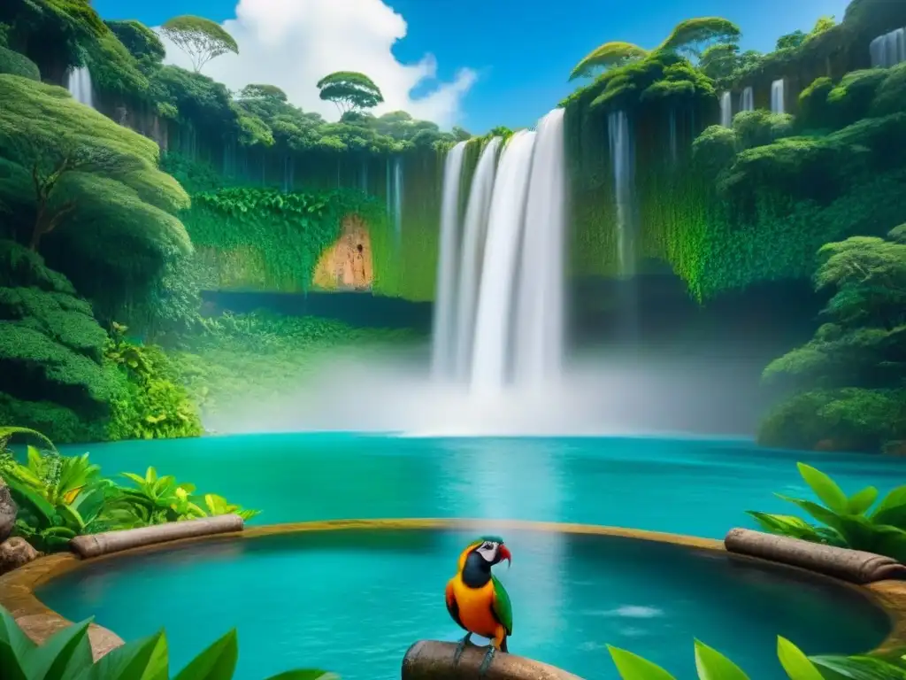 Un paraíso tropical de exuberante vegetación, aves coloridas, cascada y ruinas, bajo un cielo azul