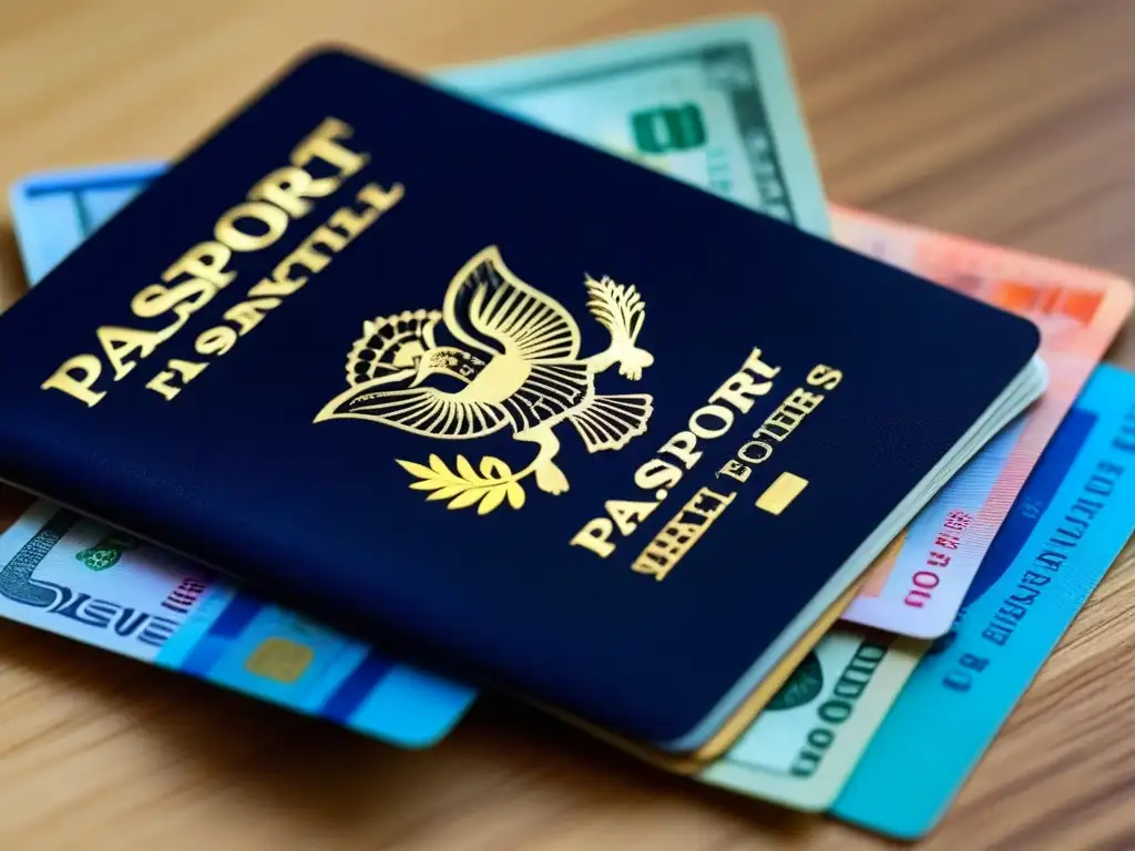 Experiencias globales: pasaporte, tarjeta y dinero Un pasaporte detallado con sellos de varios países, una tarjeta de crédito y billetes extranjeros