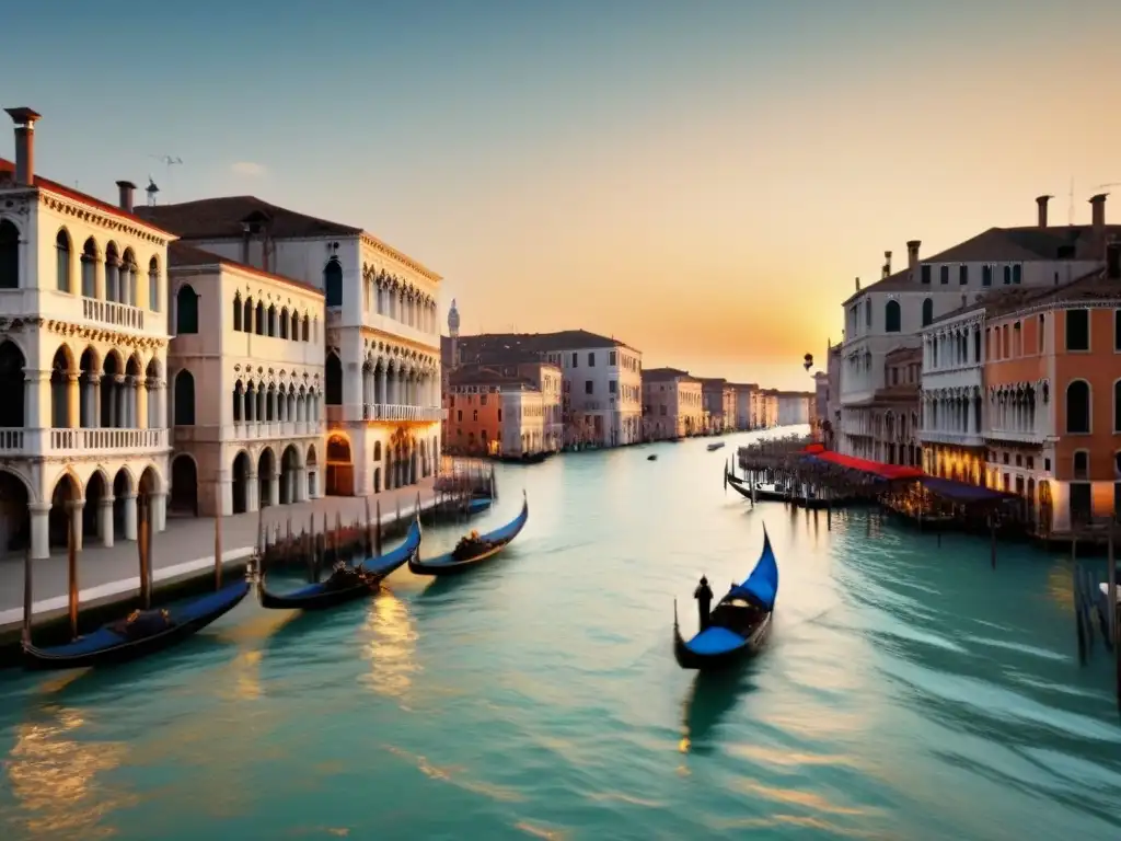 Un paseo cultural de lujo por los canales de Venecia, Italia, con góndolas bajo el sol poniente