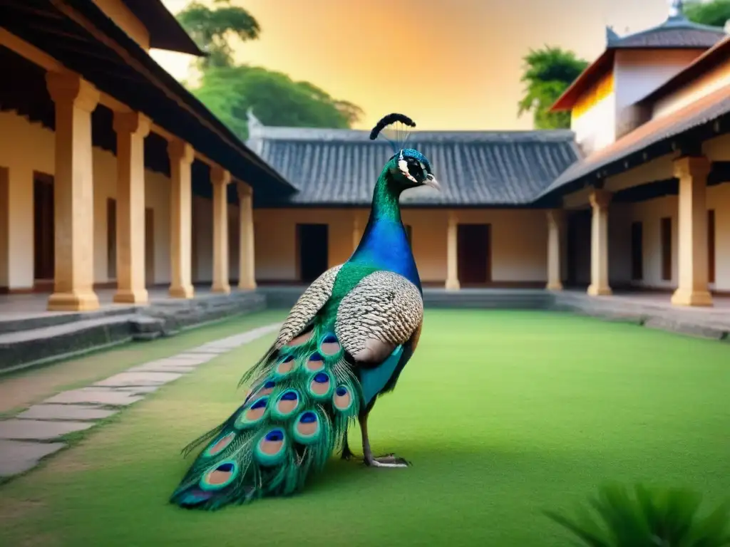 Un patio de ashram sereno en India con un pavo real solitario, rodeado de naturaleza exuberante y edificios antiguos