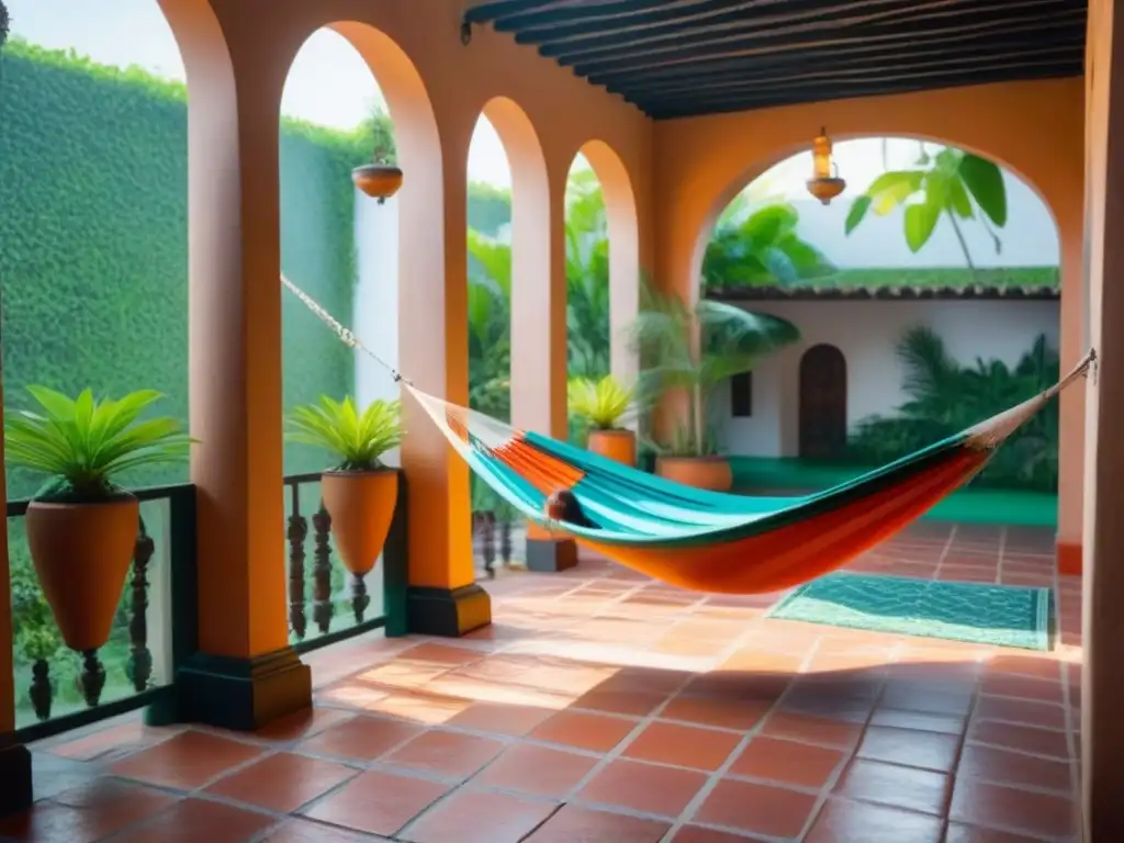 Un patio de hospedaje tradicional en América Latina con azulejos coloridos, plantas exuberantes y una hamaca entre columnas antiguas, iluminado por el sol