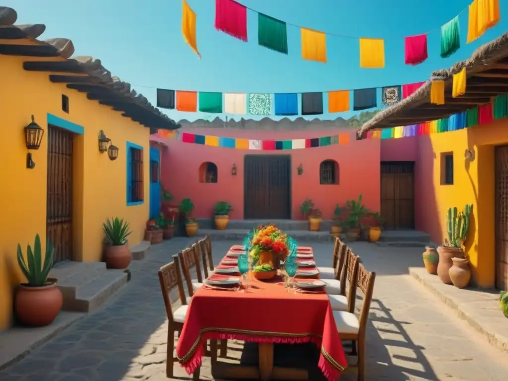 Un patio mexicano tradicional con papel picado colorido, comida típica y mariachis