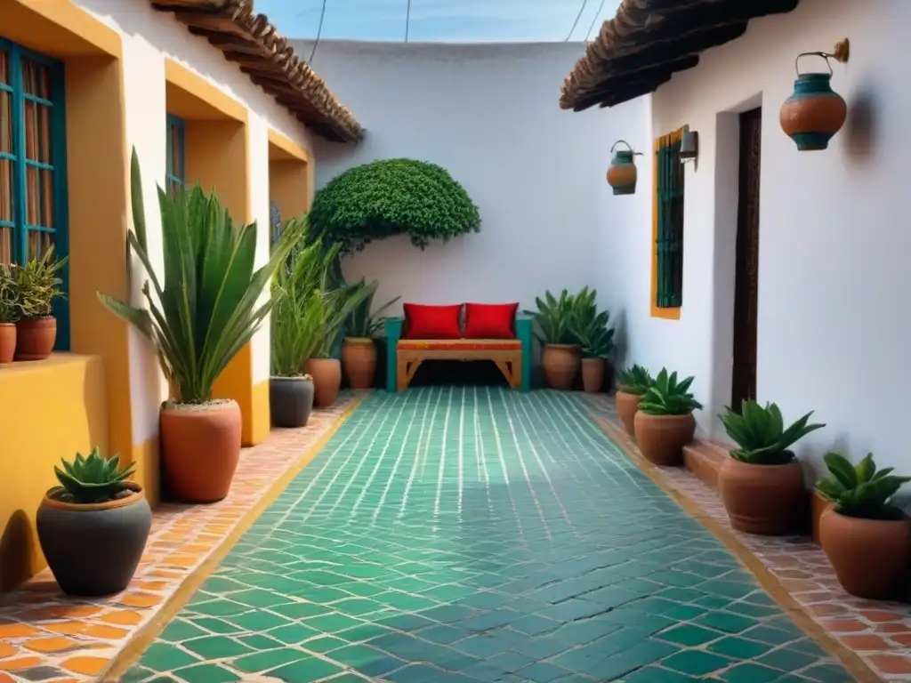 Un patio mexicano tradicional con plantas vibrantes y muebles de hierro forjado, reflejando la autenticidad de las homestays en Ciudad de México