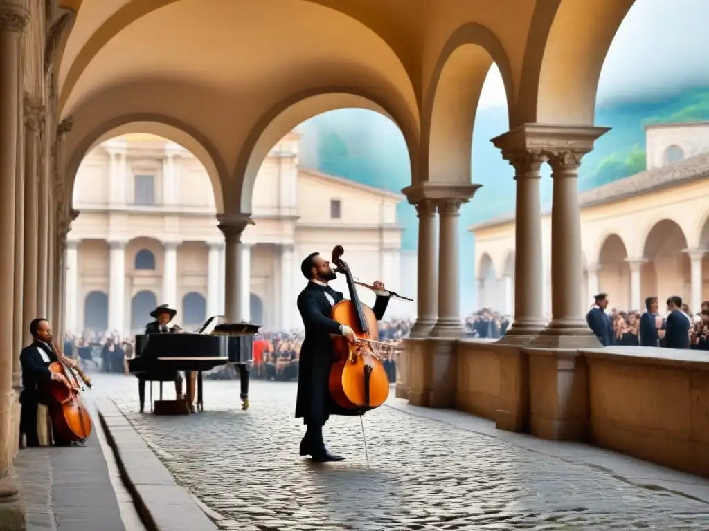 Un patio sereno en Italia con arquitectura barroca y músicos en trajes de época tocando en un festival de música barroca