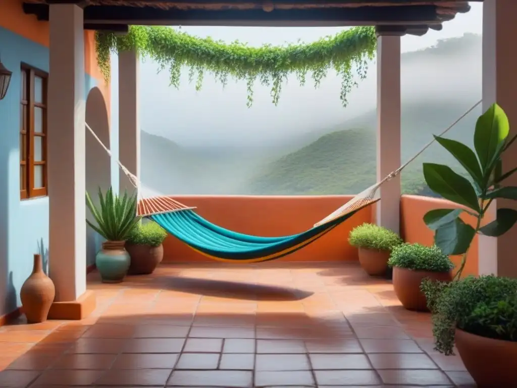 Un patio tradicional mexicano con plantas verdes, una hamaca colorida y una mesa para dos personas, rodeado de cerámica artesanal, bañado por la cálida luz del sol y las sombras de las hojas, reflejando la experiencia de homestays auténticas en Ciudad de México