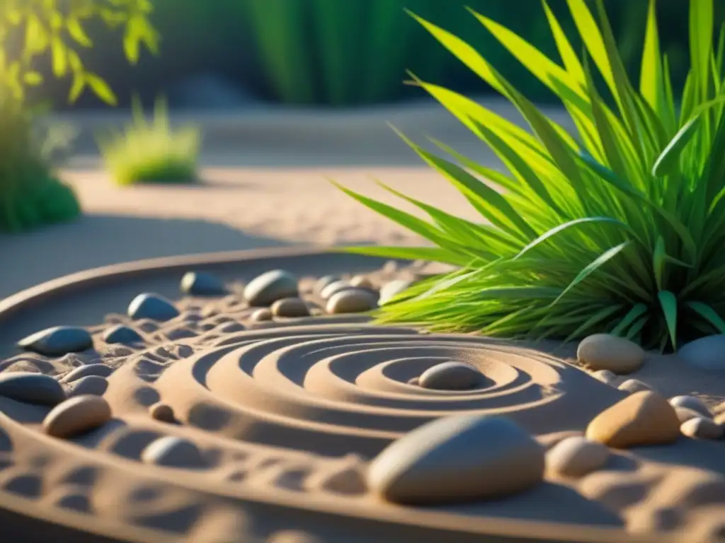 Zen garden con patrones de arena, rocas y bambú bajo la suave luz del sol