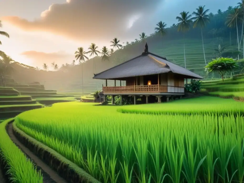 Paz y serenidad en un homestay tradicional balinés entre arrozales verdes al amanecer