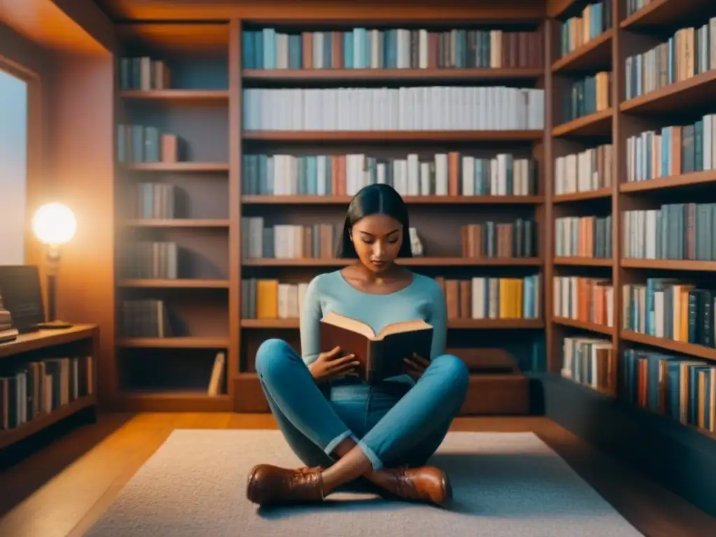 Persona en acogedor rincón de lectura rodeada de libros y proyector, evocando autodescubrimiento cultural cine literatura